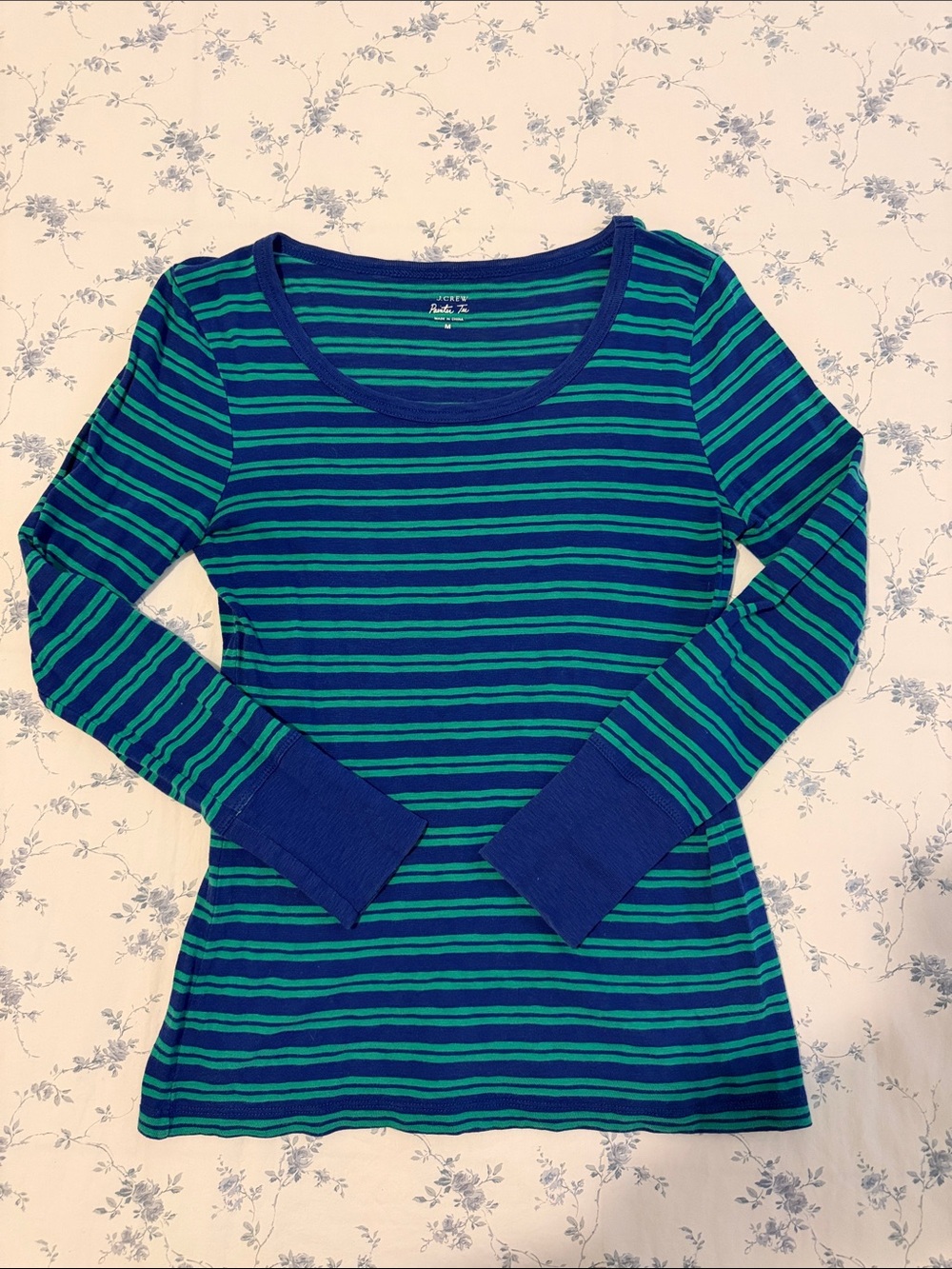 J. Crew Blue and Green Striped Long-Sleeve Scoop Neck Painter Tee medium